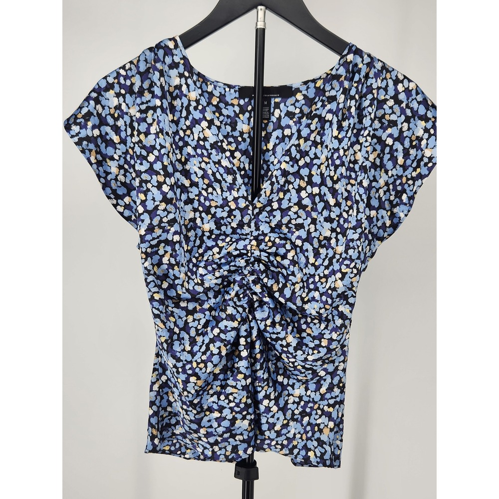 White House Black Market Blue Abstract Floral Ruched V-Neck Blouse Medium